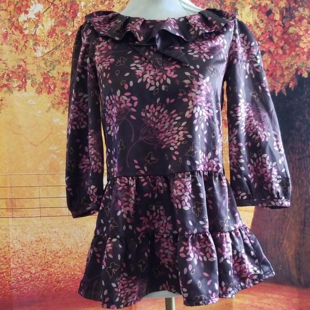 Size 2T Brown Silky dress with flowered trees